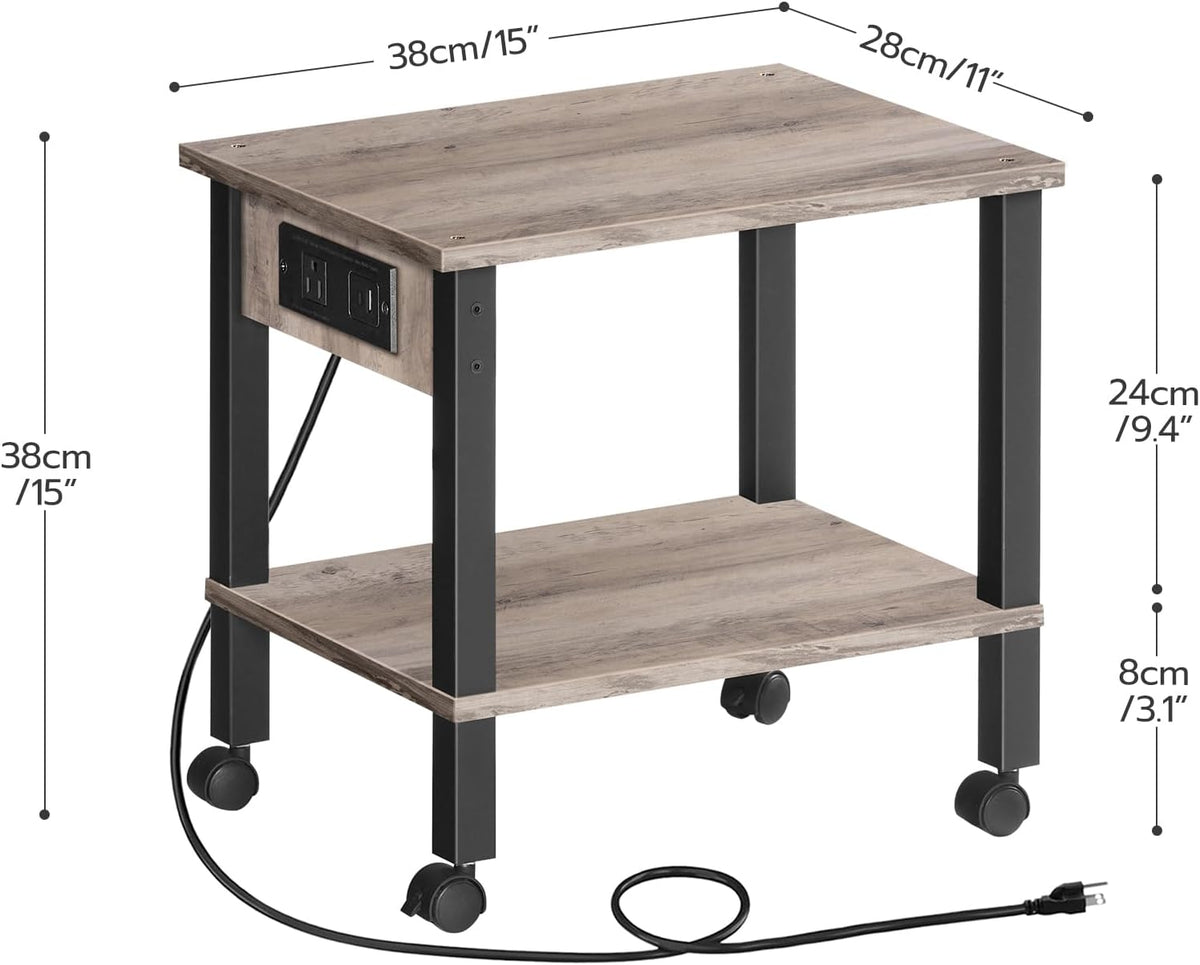2-Tier Printer Stand with Charging Station, Under Desk Printer Table, Printer Cart with Storage Shelves, Shelf for Small Spaces, for Home Office, Rustic Brown and Black BF38UPS01