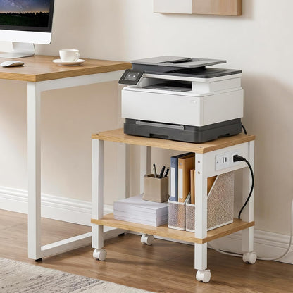 2-Tier Printer Stand with Charging Station, Under Desk Printer Table, Printer Cart with Storage Shelves, Shelf for Small Spaces, for Home Office, Rustic Brown and Black BF38UPS01