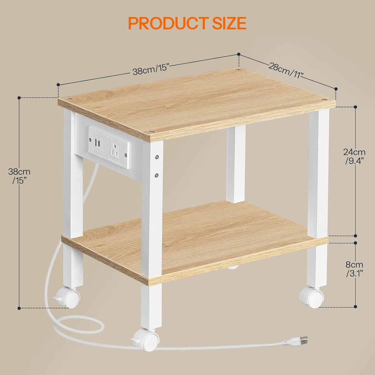 2-Tier Printer Stand with Charging Station, Under Desk Printer Table, Printer Cart with Storage Shelves, Shelf for Small Spaces, for Home Office, Rustic Brown and Black BF38UPS01