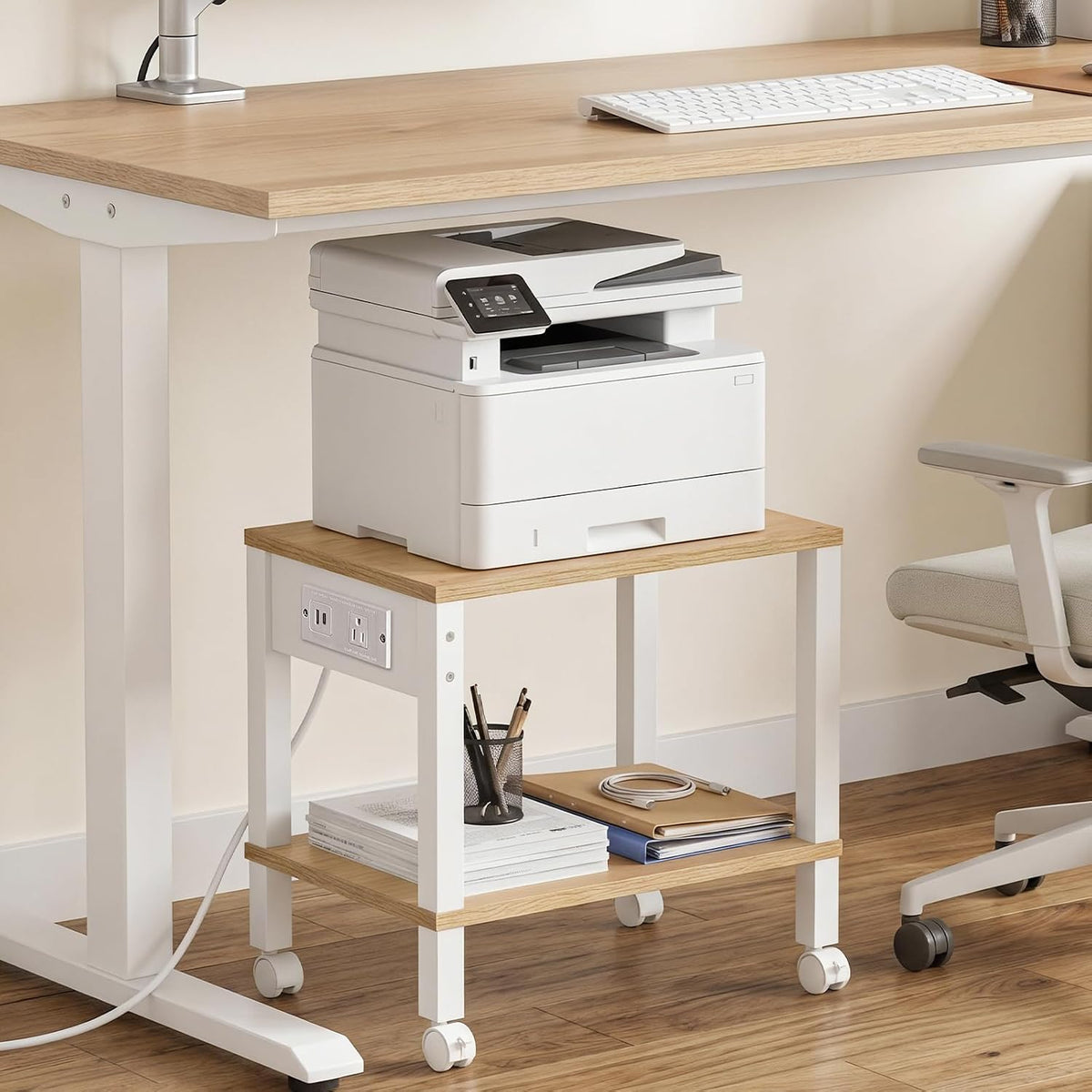 2-Tier Printer Stand with Charging Station, Under Desk Printer Table, Printer Cart with Storage Shelves, Shelf for Small Spaces, for Home Office, Rustic Brown and Black BF38UPS01