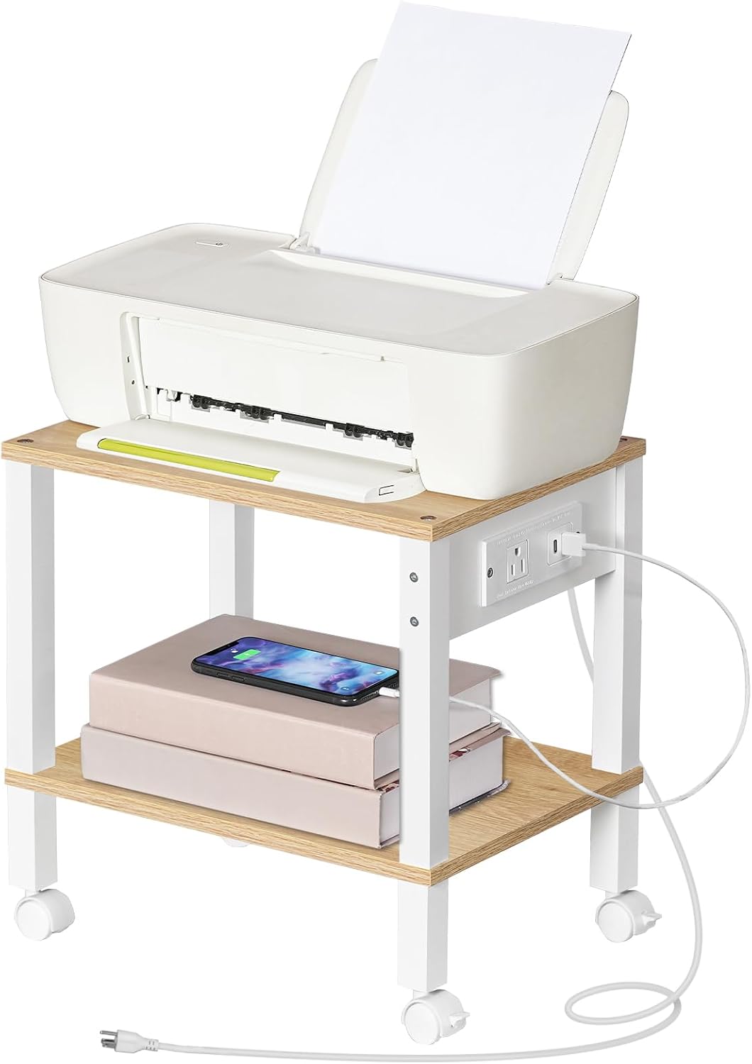 2-Tier Printer Stand with Charging Station, Under Desk Printer Table, Printer Cart with Storage Shelves, Shelf for Small Spaces, for Home Office, Rustic Brown and Black BF38UPS01