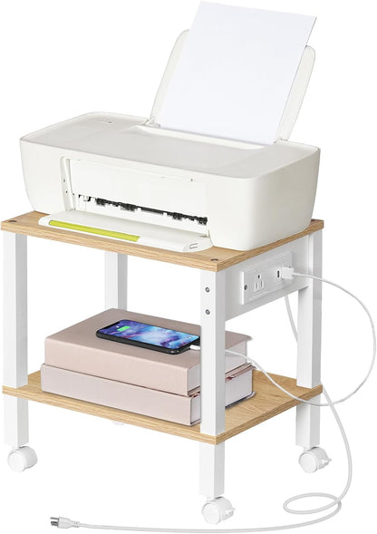 2-Tier Printer Stand with Charging Station, Under Desk Printer Table, Printer Cart with Storage Shelves, Shelf for Small Spaces, for Home Office, Rustic Brown and Black BF38UPS01