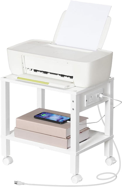 2-Tier Printer Stand with Charging Station, Under Desk Printer Table, Printer Cart with Storage Shelves, Shelf for Small Spaces, for Home Office, Rustic Brown and Black BF38UPS01
