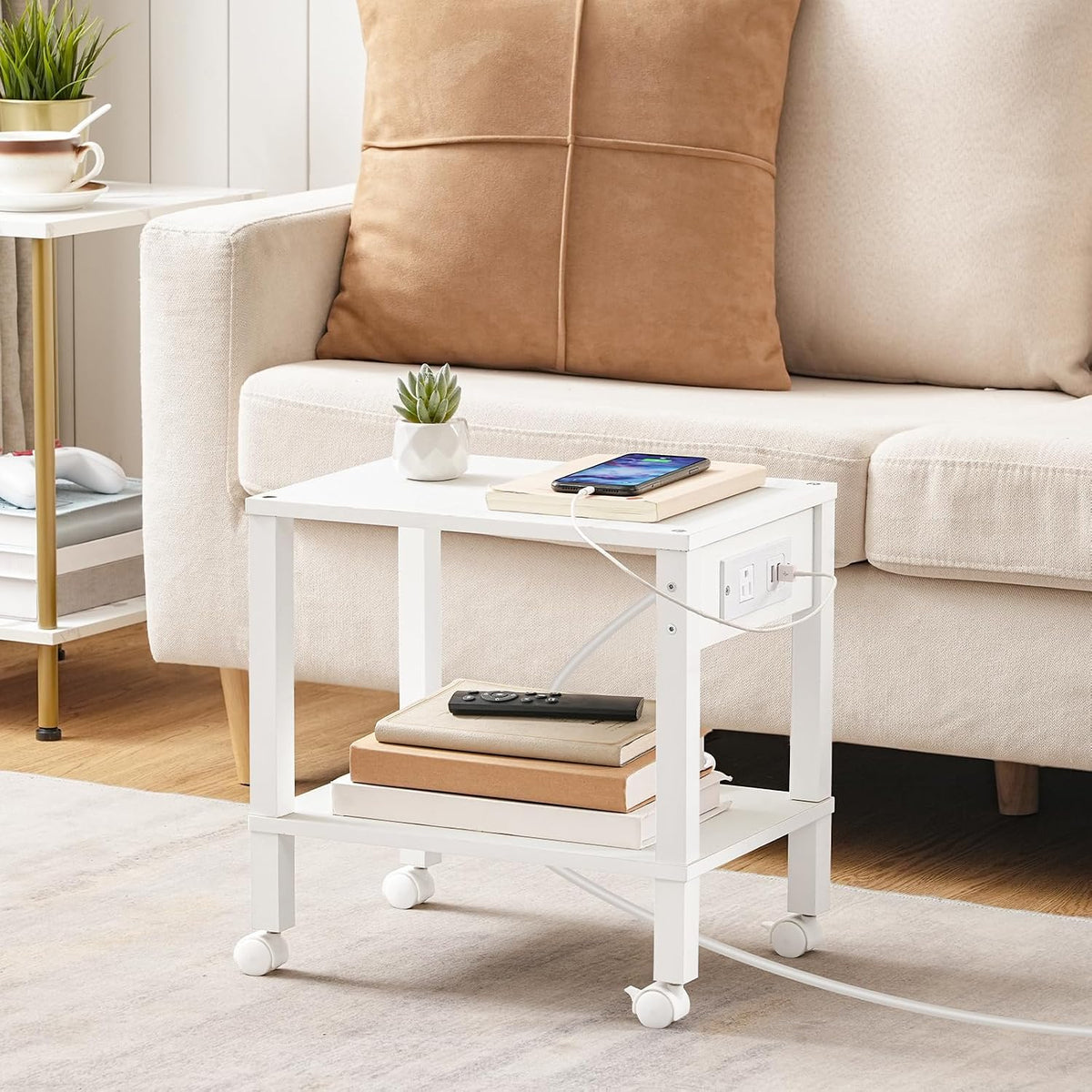 2-Tier Printer Stand with Charging Station, Under Desk Printer Table, Printer Cart with Storage Shelves, Shelf for Small Spaces, for Home Office, Rustic Brown and Black BF38UPS01