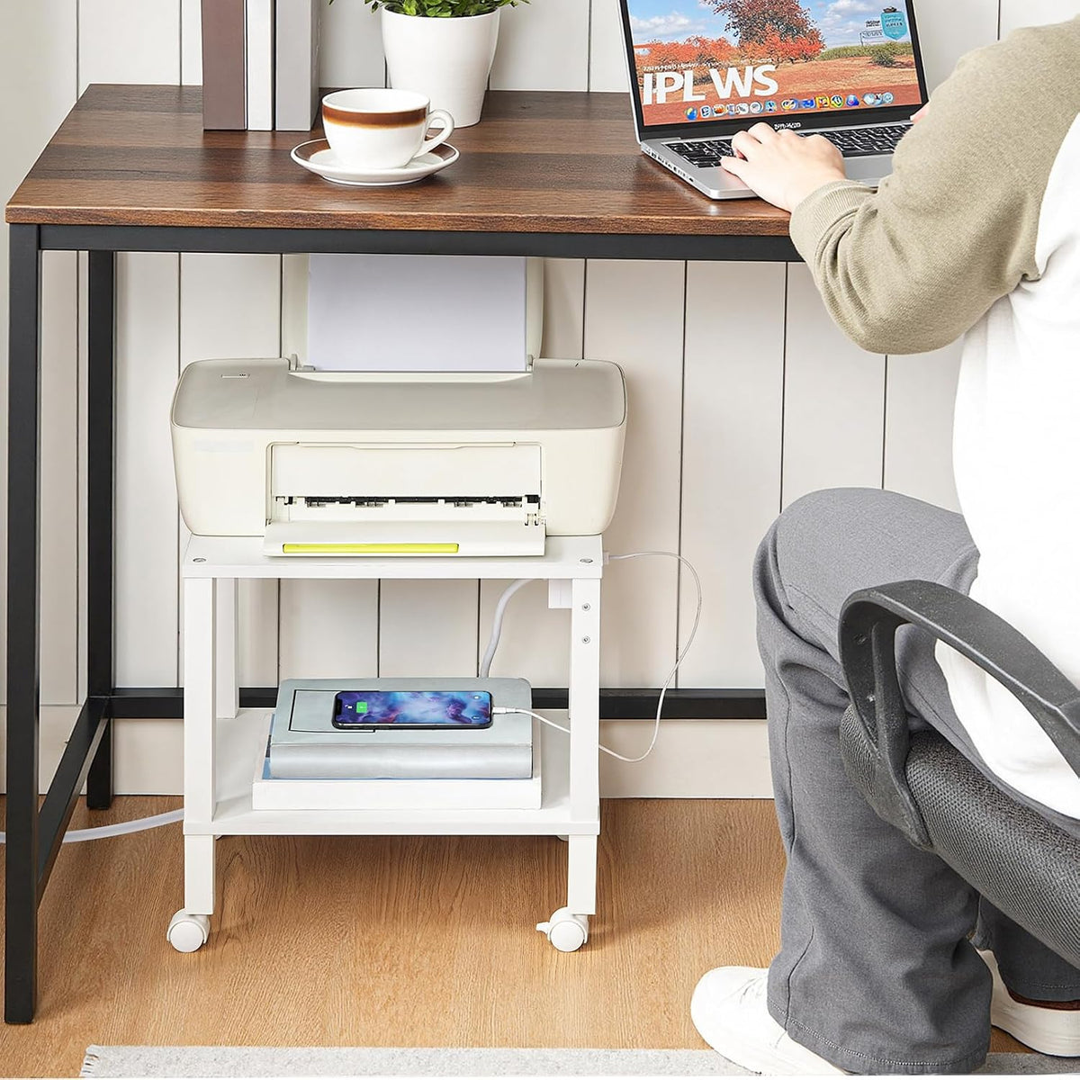 2-Tier Printer Stand with Charging Station, Under Desk Printer Table, Printer Cart with Storage Shelves, Shelf for Small Spaces, for Home Office, Rustic Brown and Black BF38UPS01