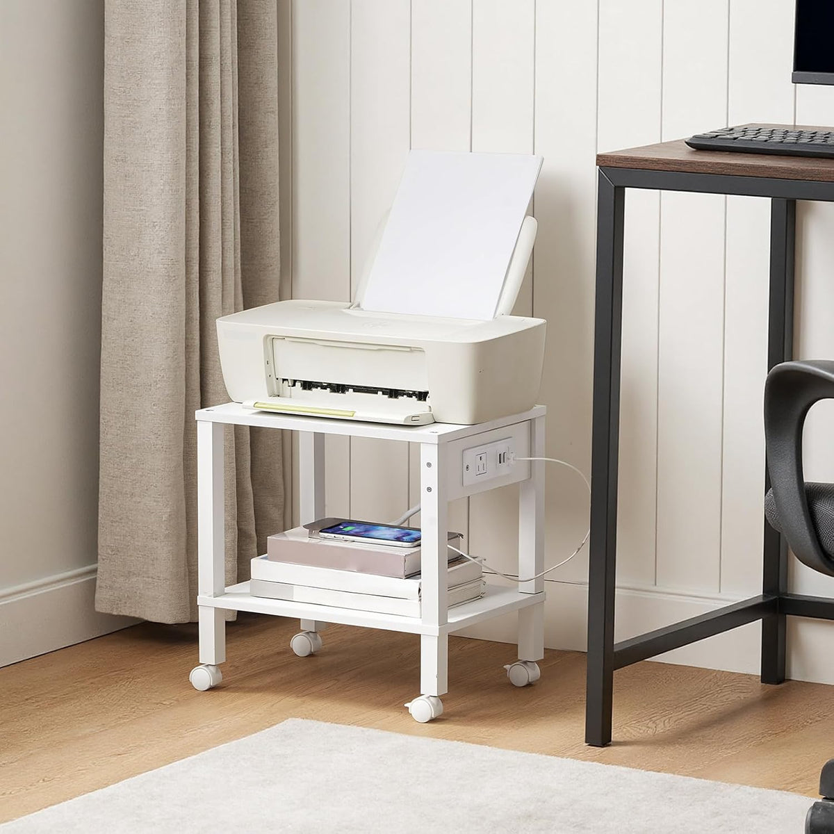 2-Tier Printer Stand with Charging Station, Under Desk Printer Table, Printer Cart with Storage Shelves, Shelf for Small Spaces, for Home Office, Rustic Brown and Black BF38UPS01