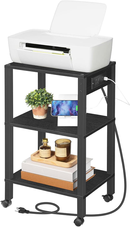 2-Tier Printer Stand with Charging Station, Under Desk Printer Table, Printer Cart with Storage Shelves, Shelf for Small Spaces, for Home Office, Rustic Brown and Black BF38UPS01