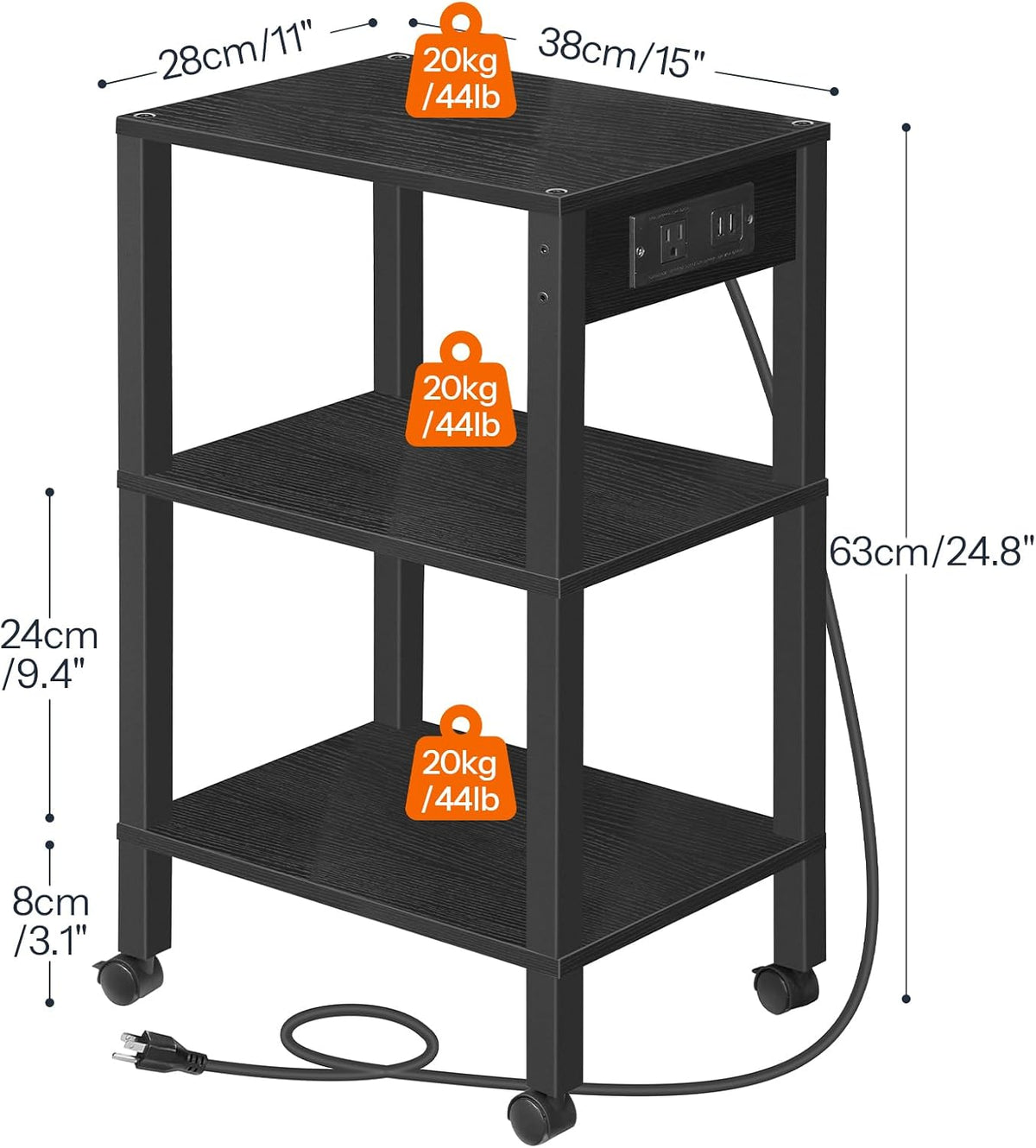 2-Tier Printer Stand with Charging Station, Under Desk Printer Table, Printer Cart with Storage Shelves, Shelf for Small Spaces, for Home Office, Rustic Brown and Black BF38UPS01