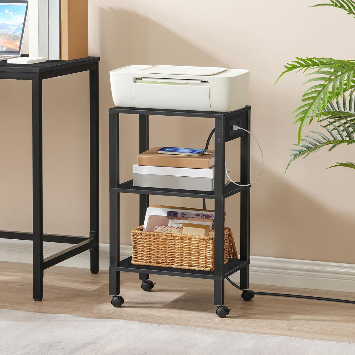 2-Tier Printer Stand with Charging Station, Under Desk Printer Table, Printer Cart with Storage Shelves, Shelf for Small Spaces, for Home Office, Rustic Brown and Black BF38UPS01