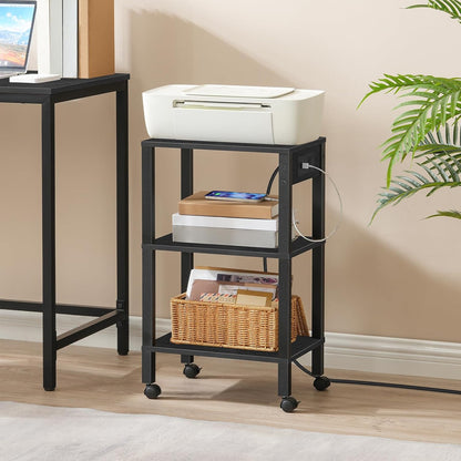 2-Tier Printer Stand with Charging Station, Under Desk Printer Table, Printer Cart with Storage Shelves, Shelf for Small Spaces, for Home Office, Rustic Brown and Black BF38UPS01