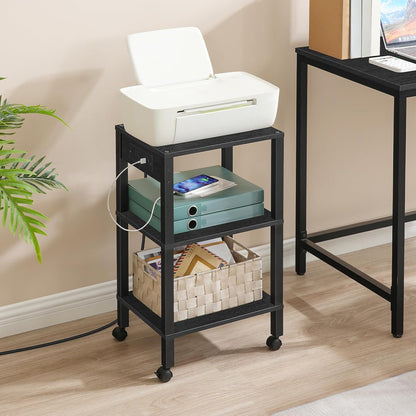 2-Tier Printer Stand with Charging Station, Under Desk Printer Table, Printer Cart with Storage Shelves, Shelf for Small Spaces, for Home Office, Rustic Brown and Black BF38UPS01