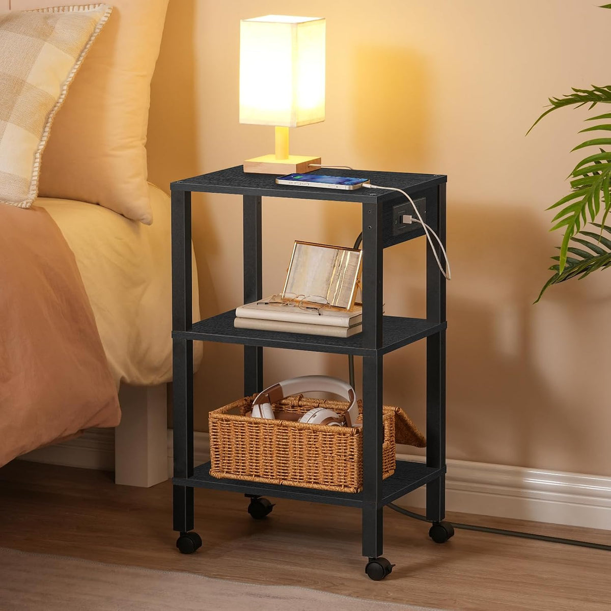 2-Tier Printer Stand with Charging Station, Under Desk Printer Table, Printer Cart with Storage Shelves, Shelf for Small Spaces, for Home Office, Rustic Brown and Black BF38UPS01