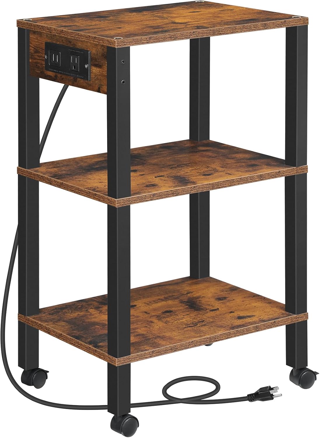 2-Tier Printer Stand with Charging Station, Under Desk Printer Table, Printer Cart with Storage Shelves, Shelf for Small Spaces, for Home Office, Rustic Brown and Black BF38UPS01