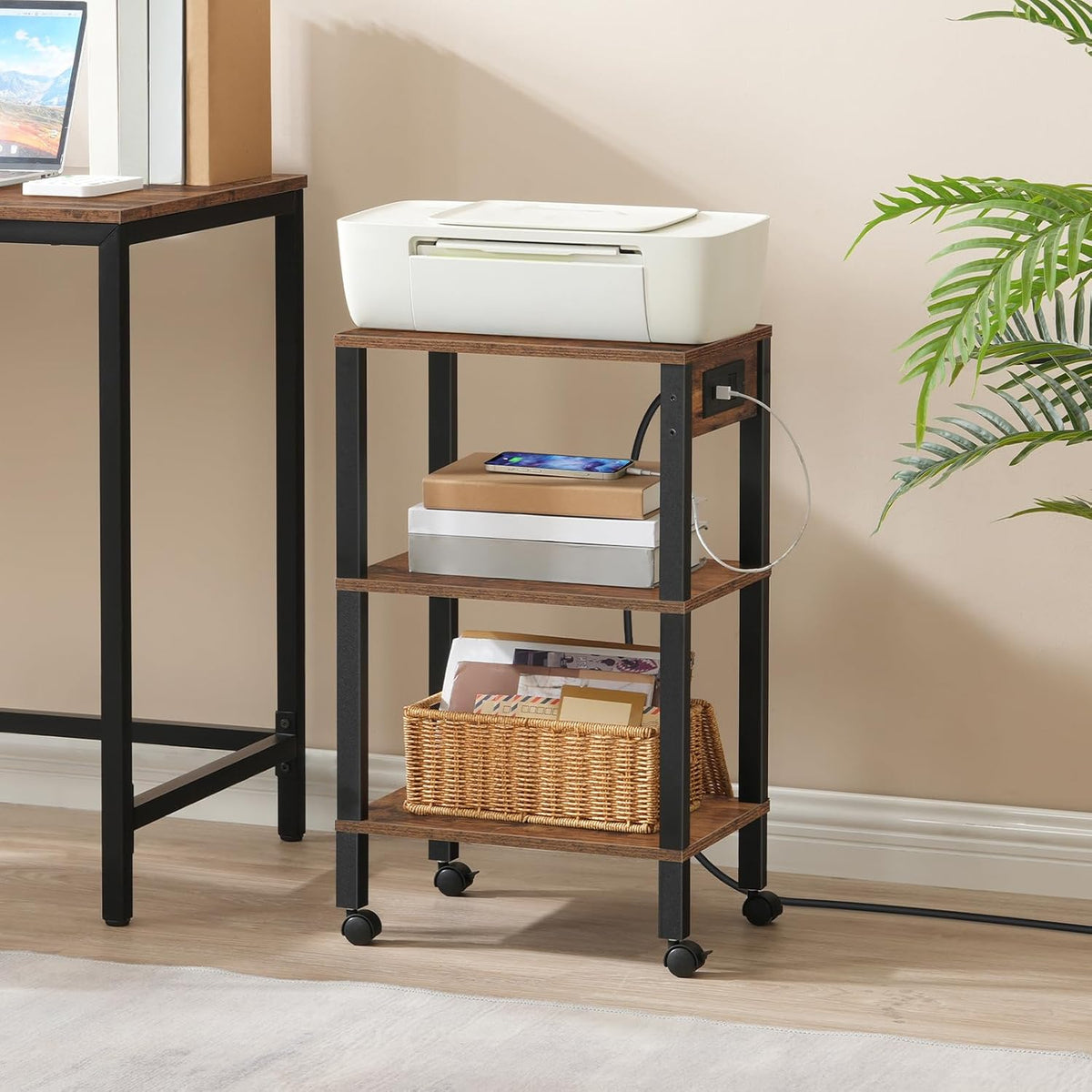 2-Tier Printer Stand with Charging Station, Under Desk Printer Table, Printer Cart with Storage Shelves, Shelf for Small Spaces, for Home Office, Rustic Brown and Black BF38UPS01