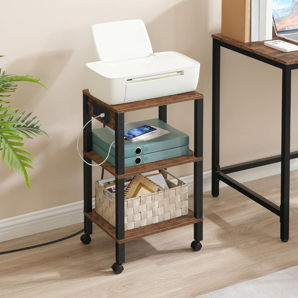 2-Tier Printer Stand with Charging Station, Under Desk Printer Table, Printer Cart with Storage Shelves, Shelf for Small Spaces, for Home Office, Rustic Brown and Black BF38UPS01