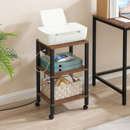 2-Tier Printer Stand with Charging Station, Under Desk Printer Table, Printer Cart with Storage Shelves, Shelf for Small Spaces, for Home Office, Rustic Brown and Black BF38UPS01