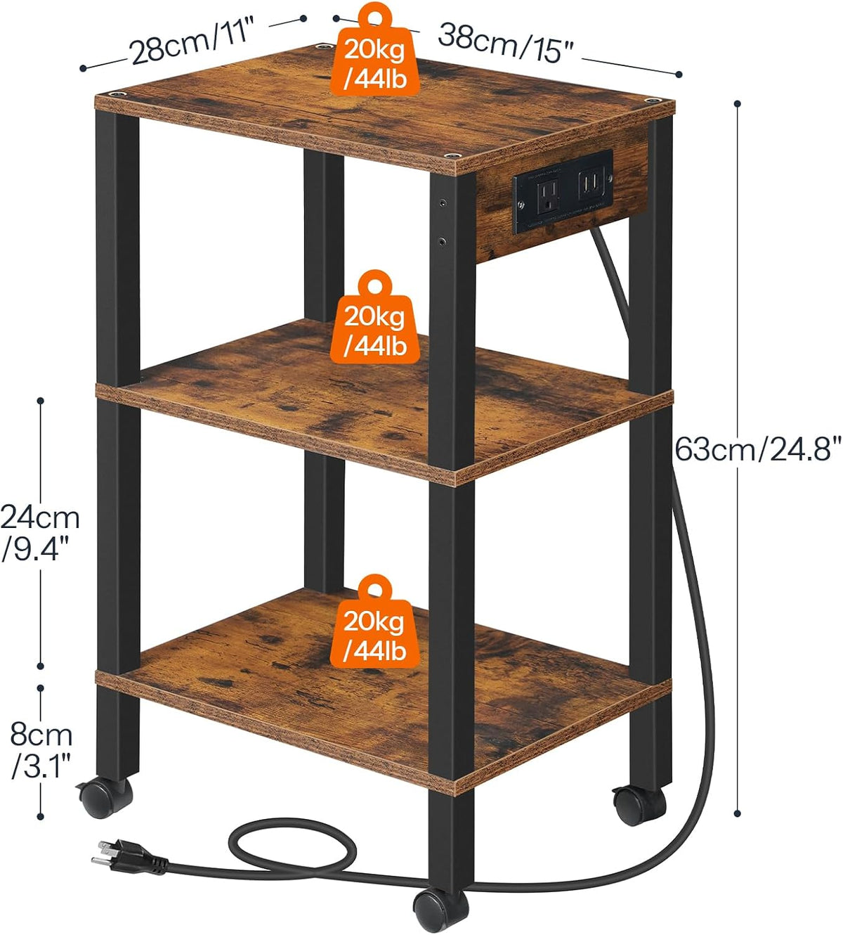 2-Tier Printer Stand with Charging Station, Under Desk Printer Table, Printer Cart with Storage Shelves, Shelf for Small Spaces, for Home Office, Rustic Brown and Black BF38UPS01