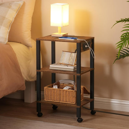 2-Tier Printer Stand with Charging Station, Under Desk Printer Table, Printer Cart with Storage Shelves, Shelf for Small Spaces, for Home Office, Rustic Brown and Black BF38UPS01