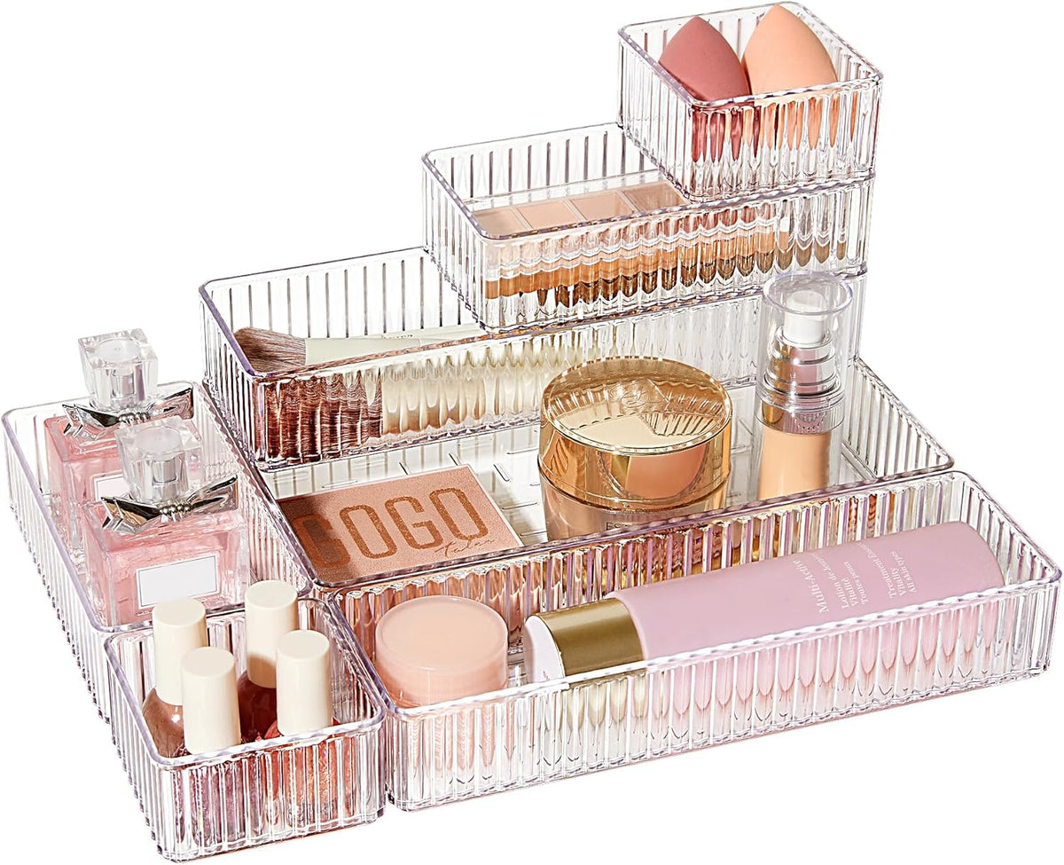 7 PCS Clear Makeup Drawer Organizers Bins, 4-Size Stackable Makeup and Vanity Organizer Trays, Acrylic Bathroom Storage Containers for Cosmetic, Toiletries, Office Supply, Utensils, Gadgets