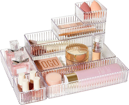 7 PCS Clear Makeup Drawer Organizers Bins, 4-Size Stackable Makeup and Vanity Organizer Trays, Acrylic Bathroom Storage Containers for Cosmetic, Toiletries, Office Supply, Utensils, Gadgets