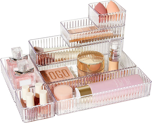 7 PCS Clear Makeup Drawer Organizers Bins, 4-Size Stackable Makeup and Vanity Organizer Trays, Acrylic Bathroom Storage Containers for Cosmetic, Toiletries, Office Supply, Utensils, Gadgets