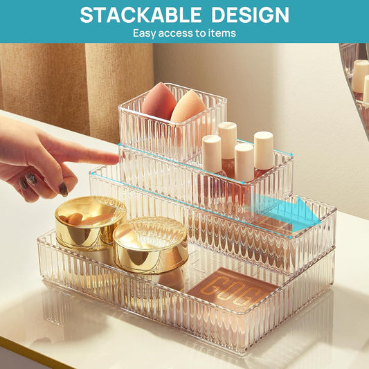 7 PCS Clear Makeup Drawer Organizers Bins, 4-Size Stackable Makeup and Vanity Organizer Trays, Acrylic Bathroom Storage Containers for Cosmetic, Toiletries, Office Supply, Utensils, Gadgets