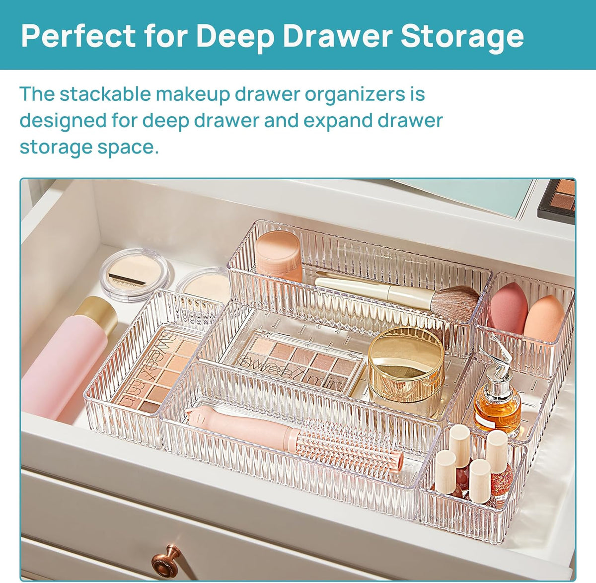 7 PCS Clear Makeup Drawer Organizers Bins, 4-Size Stackable Makeup and Vanity Organizer Trays, Acrylic Bathroom Storage Containers for Cosmetic, Toiletries, Office Supply, Utensils, Gadgets