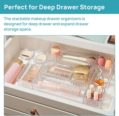 7 PCS Clear Makeup Drawer Organizers Bins, 4-Size Stackable Makeup and Vanity Organizer Trays, Acrylic Bathroom Storage Containers for Cosmetic, Toiletries, Office Supply, Utensils, Gadgets