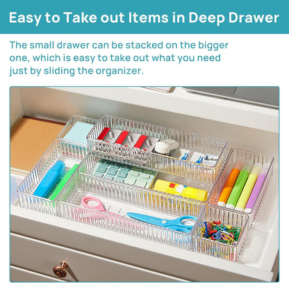 7 PCS Clear Makeup Drawer Organizers Bins, 4-Size Stackable Makeup and Vanity Organizer Trays, Acrylic Bathroom Storage Containers for Cosmetic, Toiletries, Office Supply, Utensils, Gadgets