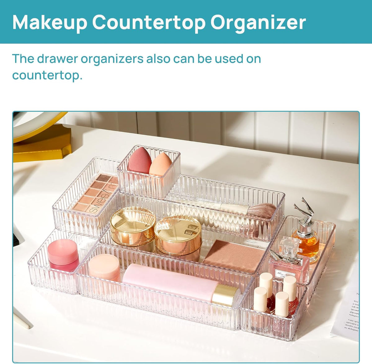 7 PCS Clear Makeup Drawer Organizers Bins, 4-Size Stackable Makeup and Vanity Organizer Trays, Acrylic Bathroom Storage Containers for Cosmetic, Toiletries, Office Supply, Utensils, Gadgets