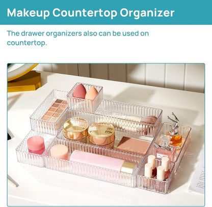 7 PCS Clear Makeup Drawer Organizers Bins, 4-Size Stackable Makeup and Vanity Organizer Trays, Acrylic Bathroom Storage Containers for Cosmetic, Toiletries, Office Supply, Utensils, Gadgets