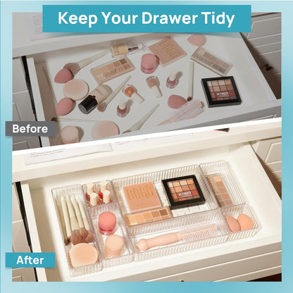 7 PCS Clear Makeup Drawer Organizers Bins, 4-Size Stackable Makeup and Vanity Organizer Trays, Acrylic Bathroom Storage Containers for Cosmetic, Toiletries, Office Supply, Utensils, Gadgets
