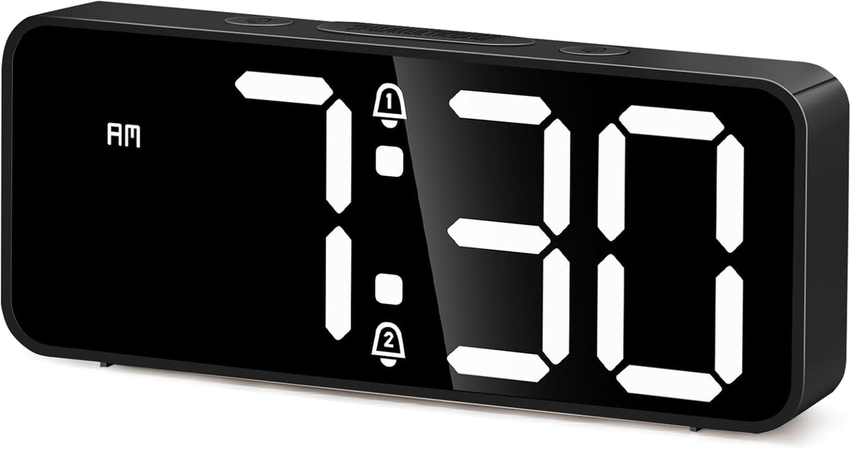 Battery Operated Small Digital Alarm Clock — Cordless or Plug-in, Extra Loud 105dB for Heavy Sleepers Adults, LED Bedside Desk Clock for Bedroom, 2 Alarms, 5-Level Dimmer, DST(Black+White)