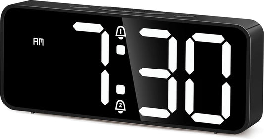 Battery Operated Small Digital Alarm Clock — Cordless or Plug-in, Extra Loud 105dB for Heavy Sleepers Adults, LED Bedside Desk Clock for Bedroom, 2 Alarms, 5-Level Dimmer, DST(Black+White)