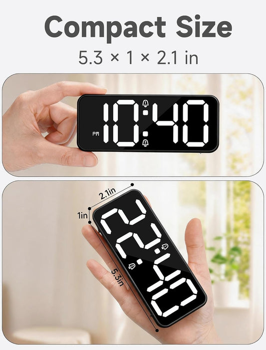 Battery Operated Small Digital Alarm Clock — Cordless or Plug-in, Extra Loud 105dB for Heavy Sleepers Adults, LED Bedside Desk Clock for Bedroom, 2 Alarms, 5-Level Dimmer, DST(Black+White)