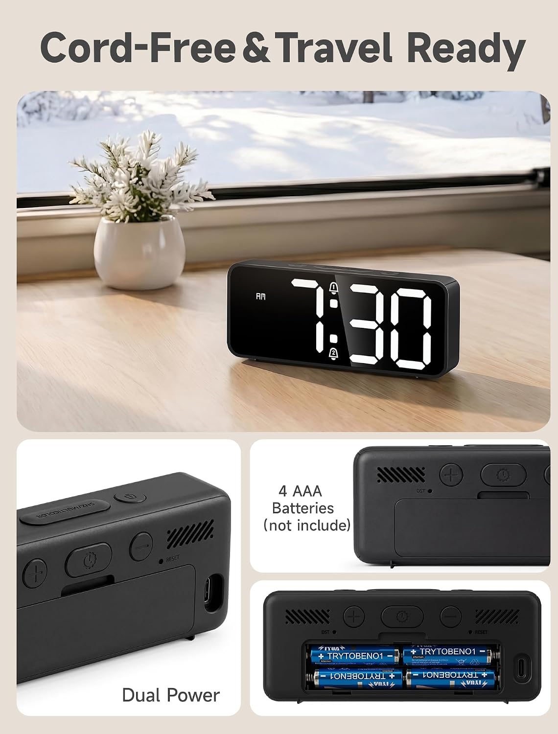 Battery Operated Small Digital Alarm Clock — Cordless or Plug-in, Extra Loud 105dB for Heavy Sleepers Adults, LED Bedside Desk Clock for Bedroom, 2 Alarms, 5-Level Dimmer, DST(Black+White)