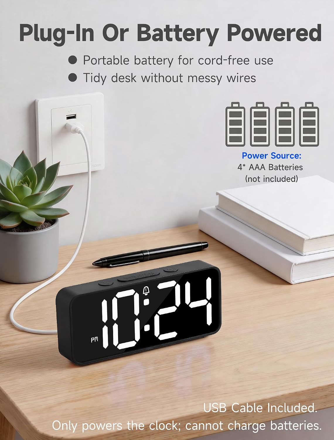 Battery Operated Small Digital Alarm Clock — Cordless or Plug-in, Extra Loud 105dB for Heavy Sleepers Adults, LED Bedside Desk Clock for Bedroom, 2 Alarms, 5-Level Dimmer, DST(Black+White)