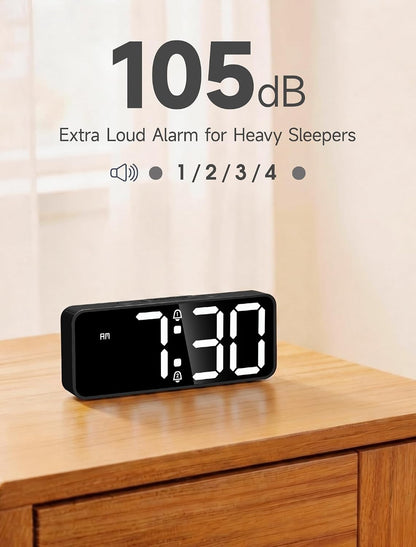 Battery Operated Small Digital Alarm Clock — Cordless or Plug-in, Extra Loud 105dB for Heavy Sleepers Adults, LED Bedside Desk Clock for Bedroom, 2 Alarms, 5-Level Dimmer, DST(Black+White)