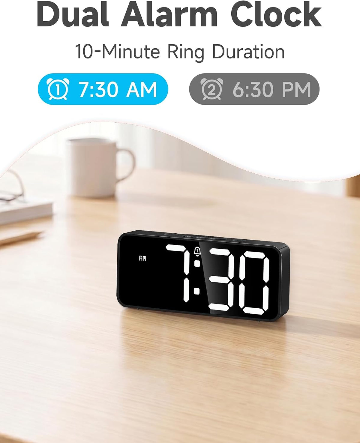 Battery Operated Small Digital Alarm Clock — Cordless or Plug-in, Extra Loud 105dB for Heavy Sleepers Adults, LED Bedside Desk Clock for Bedroom, 2 Alarms, 5-Level Dimmer, DST(Black+White)