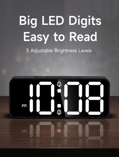 Battery Operated Small Digital Alarm Clock — Cordless or Plug-in, Extra Loud 105dB for Heavy Sleepers Adults, LED Bedside Desk Clock for Bedroom, 2 Alarms, 5-Level Dimmer, DST(Black+White)