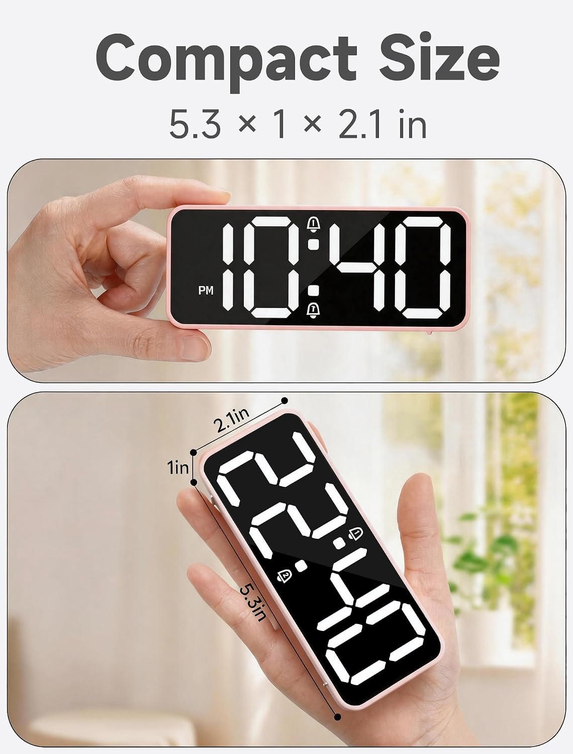 Battery Operated Small Digital Alarm Clock — Cordless or Plug-in, Extra Loud 105dB for Heavy Sleepers Adults, LED Bedside Desk Clock for Bedroom, 2 Alarms, 5-Level Dimmer, DST(Black+White)
