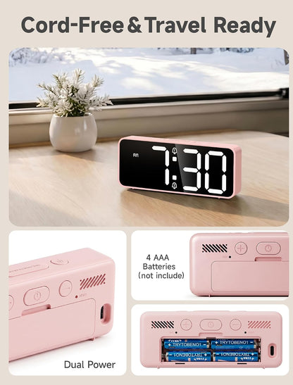 Battery Operated Small Digital Alarm Clock — Cordless or Plug-in, Extra Loud 105dB for Heavy Sleepers Adults, LED Bedside Desk Clock for Bedroom, 2 Alarms, 5-Level Dimmer, DST(Black+White)