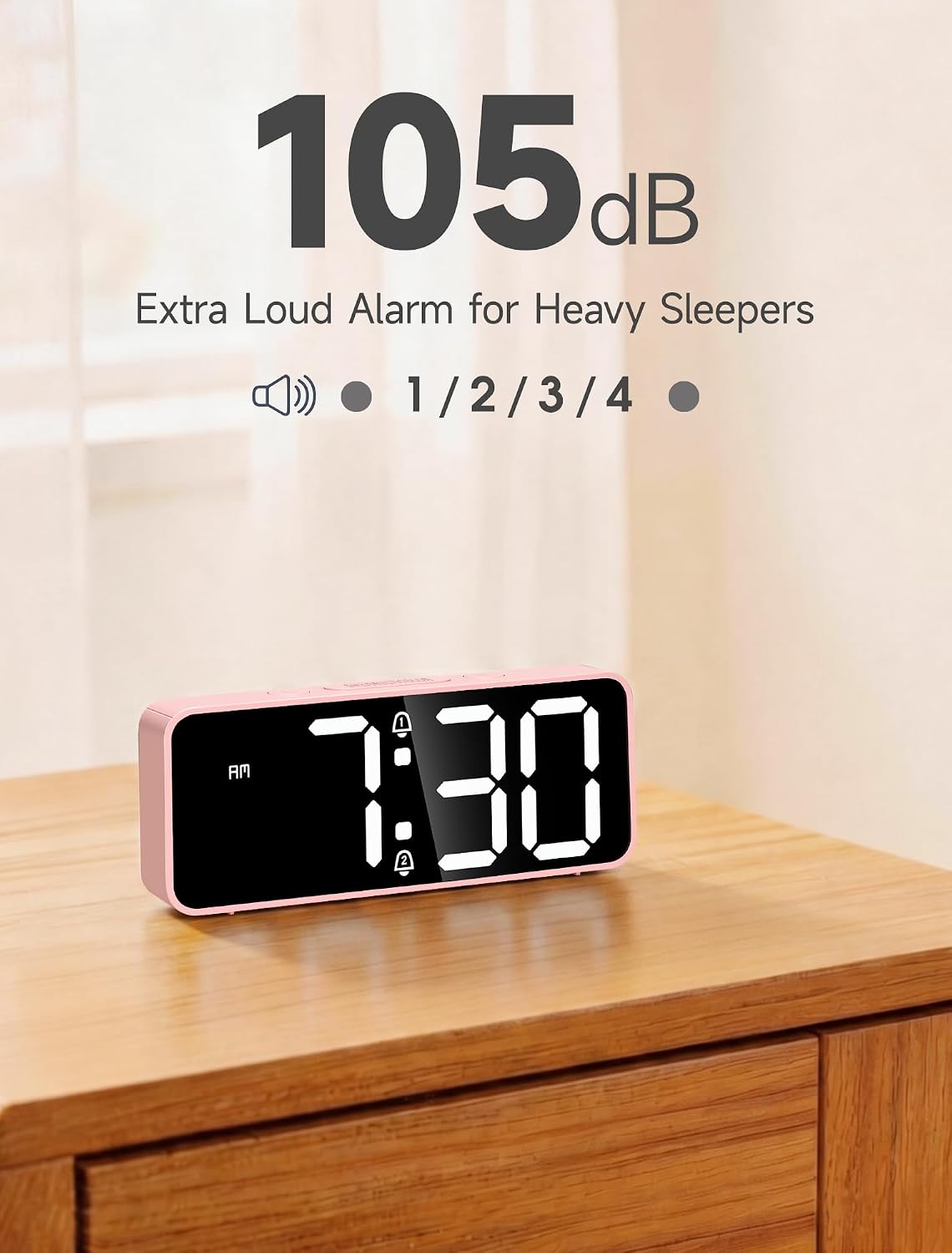 Battery Operated Small Digital Alarm Clock — Cordless or Plug-in, Extra Loud 105dB for Heavy Sleepers Adults, LED Bedside Desk Clock for Bedroom, 2 Alarms, 5-Level Dimmer, DST(Black+White)