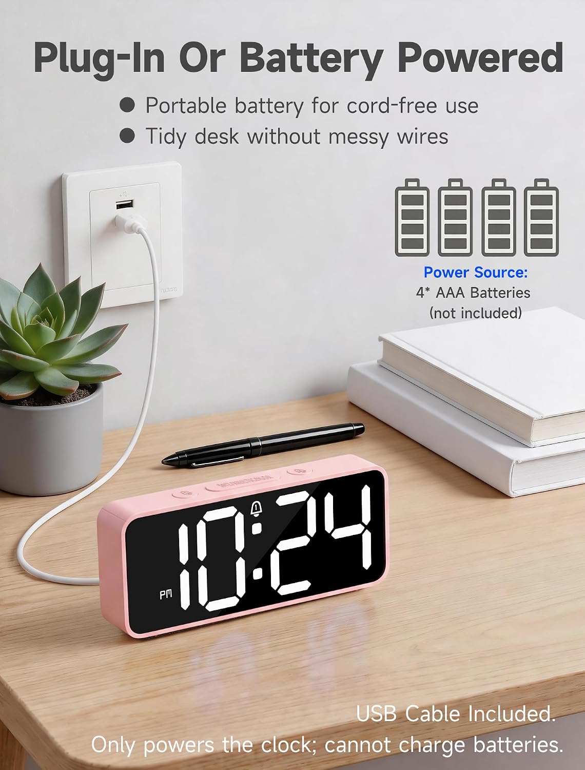 Battery Operated Small Digital Alarm Clock — Cordless or Plug-in, Extra Loud 105dB for Heavy Sleepers Adults, LED Bedside Desk Clock for Bedroom, 2 Alarms, 5-Level Dimmer, DST(Black+White)
