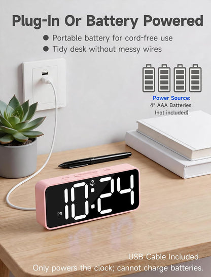 Battery Operated Small Digital Alarm Clock — Cordless or Plug-in, Extra Loud 105dB for Heavy Sleepers Adults, LED Bedside Desk Clock for Bedroom, 2 Alarms, 5-Level Dimmer, DST(Black+White)