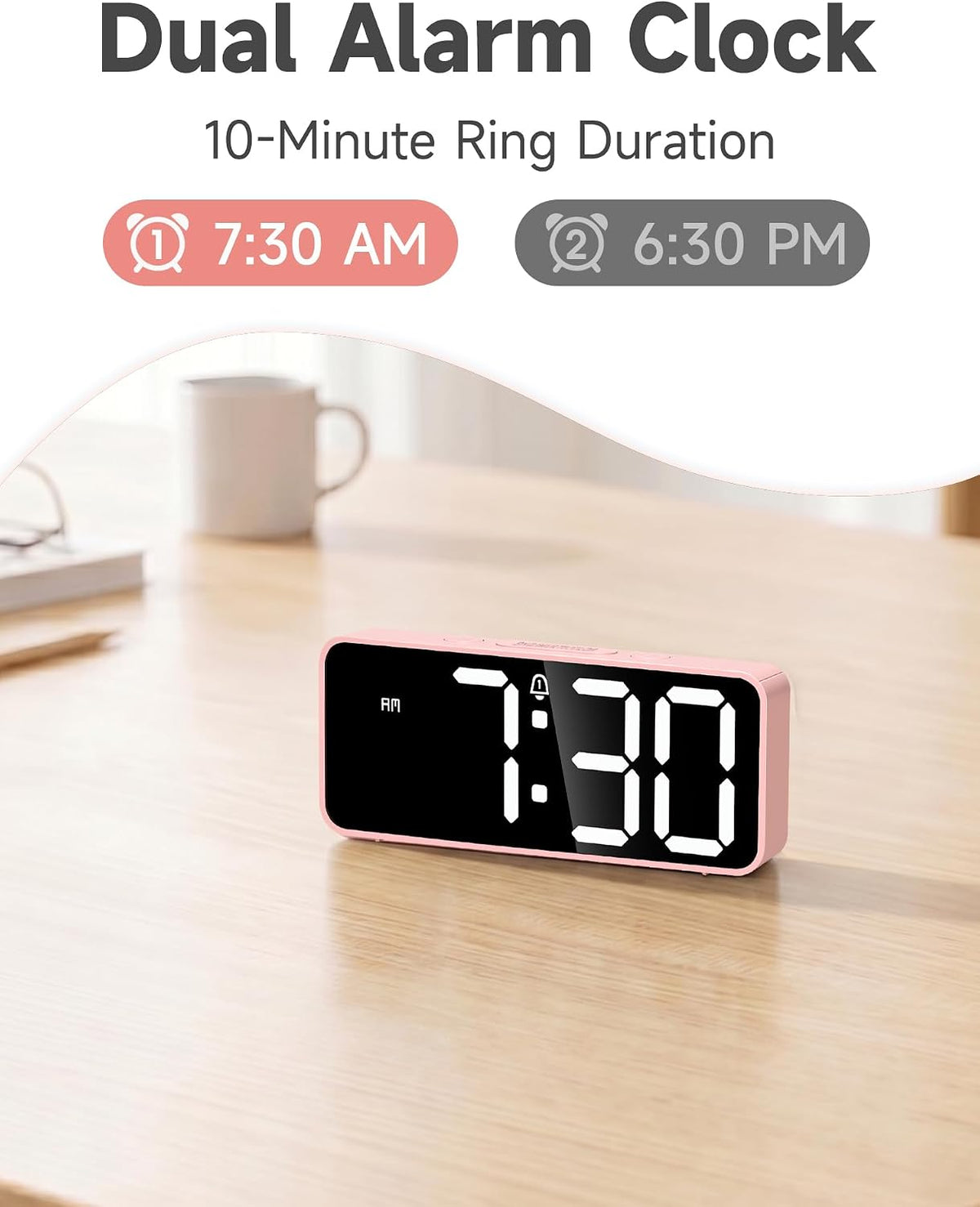 Battery Operated Small Digital Alarm Clock — Cordless or Plug-in, Extra Loud 105dB for Heavy Sleepers Adults, LED Bedside Desk Clock for Bedroom, 2 Alarms, 5-Level Dimmer, DST(Black+White)