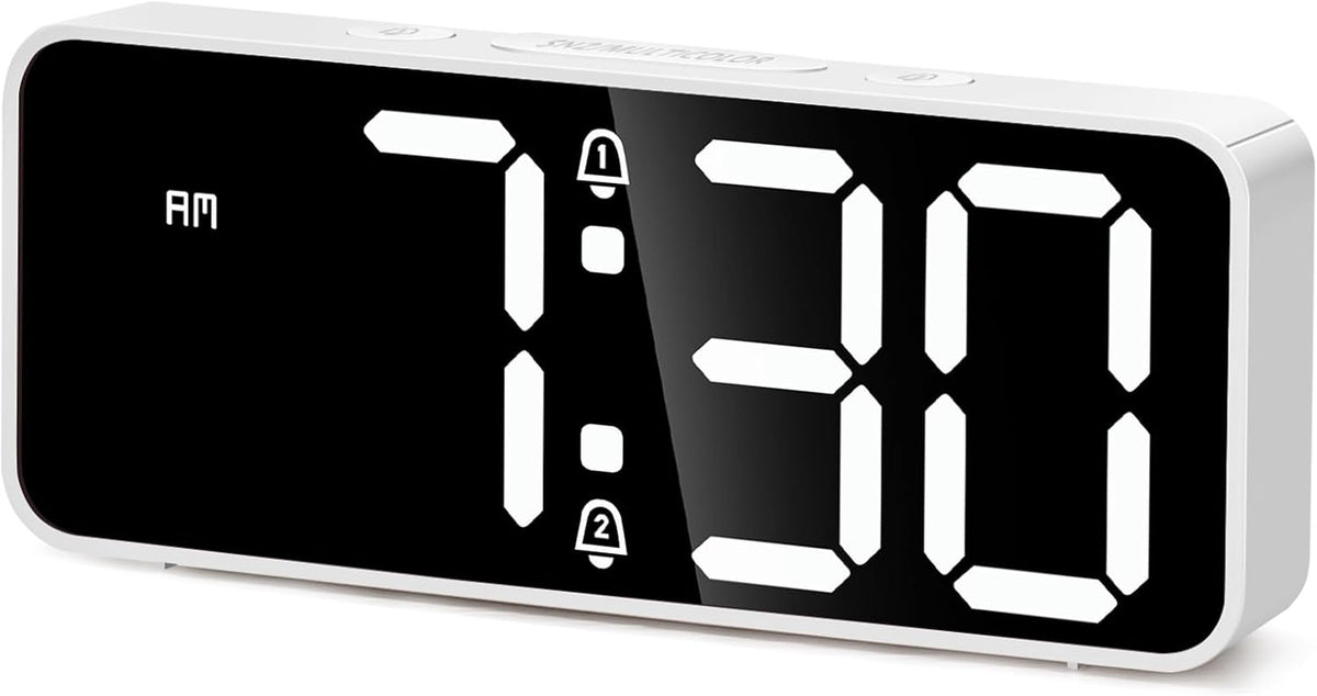 Battery Operated Small Digital Alarm Clock — Cordless or Plug-in, Extra Loud 105dB for Heavy Sleepers Adults, LED Bedside Desk Clock for Bedroom, 2 Alarms, 5-Level Dimmer, DST(Black+White)