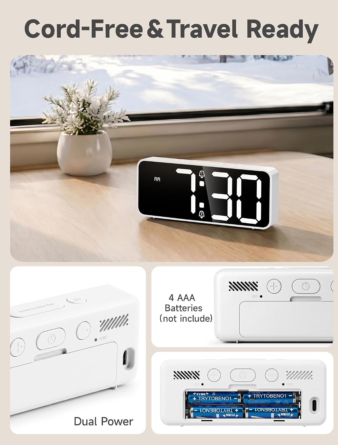 Battery Operated Small Digital Alarm Clock — Cordless or Plug-in, Extra Loud 105dB for Heavy Sleepers Adults, LED Bedside Desk Clock for Bedroom, 2 Alarms, 5-Level Dimmer, DST(Black+White)