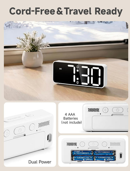 Battery Operated Small Digital Alarm Clock — Cordless or Plug-in, Extra Loud 105dB for Heavy Sleepers Adults, LED Bedside Desk Clock for Bedroom, 2 Alarms, 5-Level Dimmer, DST(Black+White)