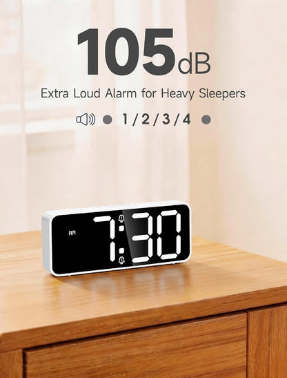 Battery Operated Small Digital Alarm Clock — Cordless or Plug-in, Extra Loud 105dB for Heavy Sleepers Adults, LED Bedside Desk Clock for Bedroom, 2 Alarms, 5-Level Dimmer, DST(Black+White)